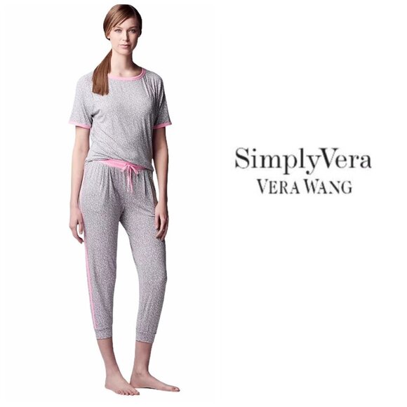 Simply Vera Wang Womens Gray Pink Short Sleeve Pockets Crop Pajama Sets Sz M New - Picture 11 of 12